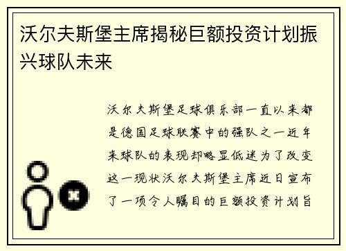 沃尔夫斯堡主席揭秘巨额投资计划振兴球队未来