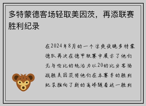 多特蒙德客场轻取美因茨，再添联赛胜利纪录
