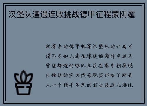汉堡队遭遇连败挑战德甲征程蒙阴霾