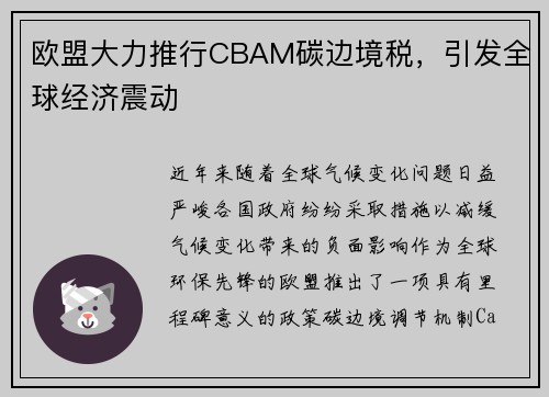 欧盟大力推行CBAM碳边境税，引发全球经济震动