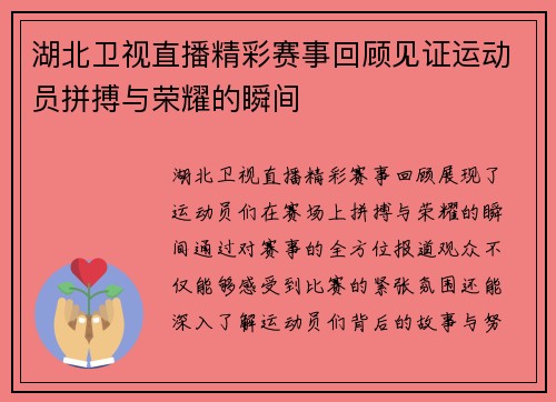 湖北卫视直播精彩赛事回顾见证运动员拼搏与荣耀的瞬间