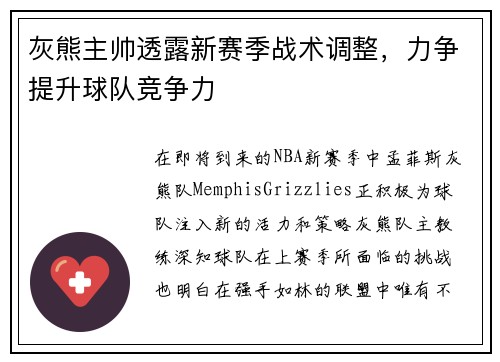 灰熊主帅透露新赛季战术调整，力争提升球队竞争力